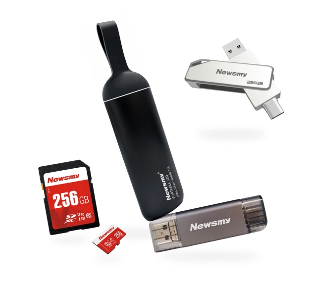 NEWSMY product family: NM700 portable SSD, V78 USB-A and USB-C flash drive, A10 SD card, H2 microSD card and CR200 card reader